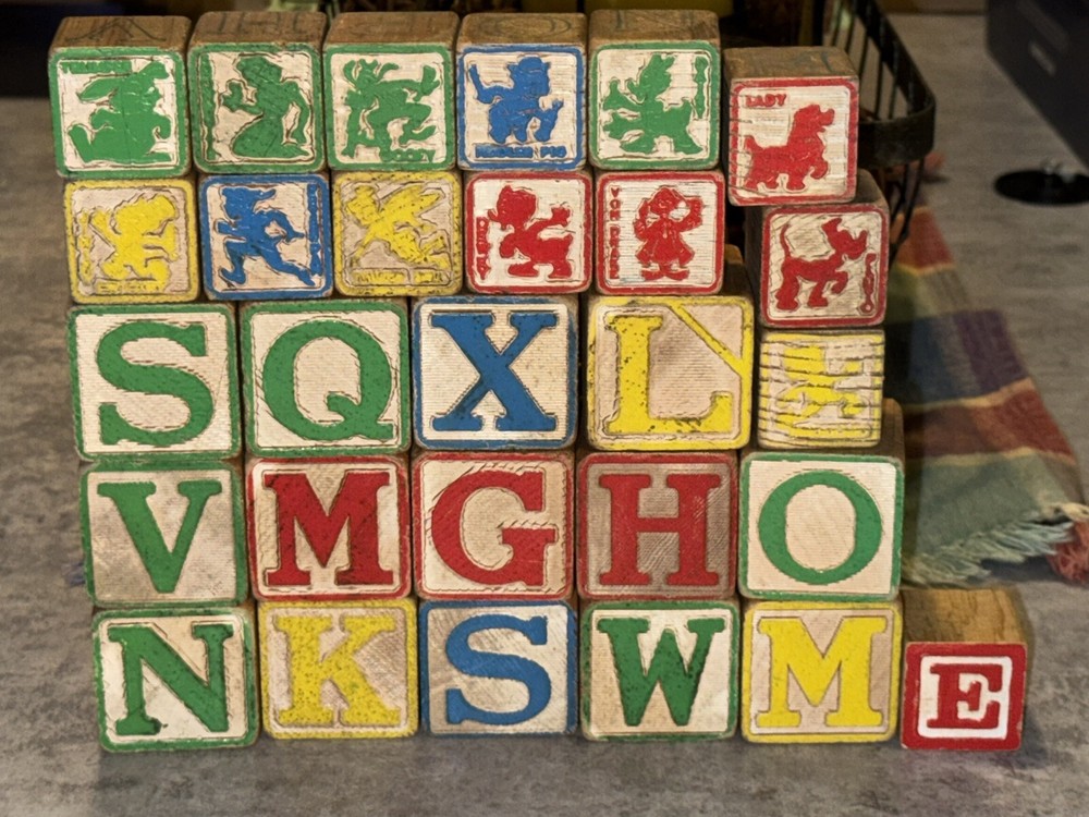 Vintage Large WOODEN ALPHABET Toy Building Blocks + DISNEY CHARACTERS Crafts