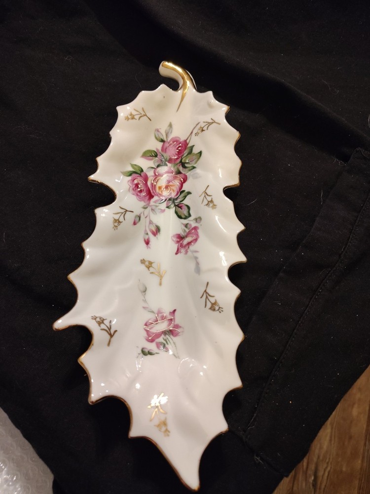 Vintage Porcelain Leaf Celery Dish Pink Roses & Gold Trim made in Japan
