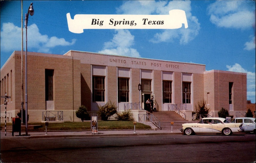 Post Office Big Spring Texas TX ~ 1950s classic cars ~ vintage postcard