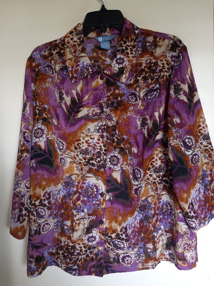 Koret Womens Size PL Shirt Top Button Front Floral Semi Sheer 3/4 Sleeve