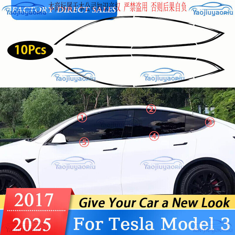*10P Stainless Black Side Window Molding Cover Trim For Tesla Model 3 2017-2025