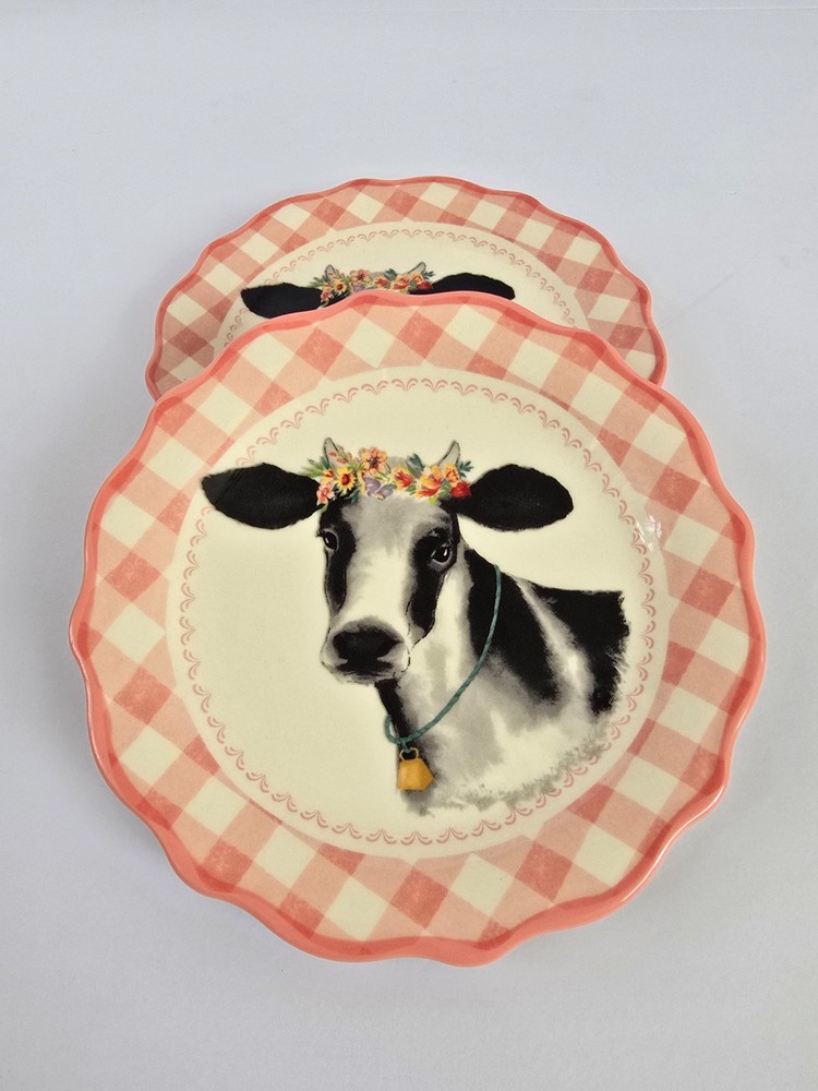 The Pioneer Woman Pink Gingham Cow Appetizer Plate 7-inch Set of 2 Ceramic Dish