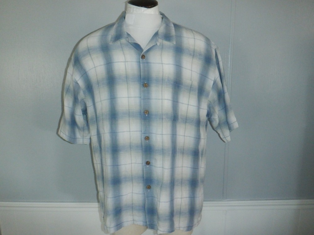Men's TOMMY BAHAMA Sz XL LINEN Blend Blue Plaid Short Sleeved Button Front Shirt