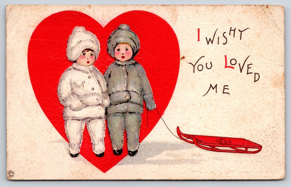 MEP~Two Girls By Sled & Heart I Wishy You Loved Me~Vintage Postcard
