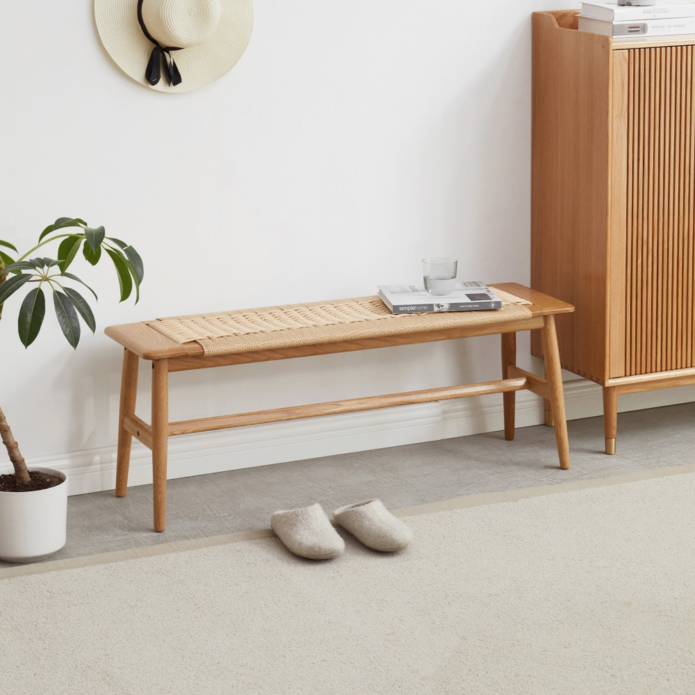 Woven Design Natural Oak Wood Dining Bench Bed Bench for Dining Room, Bedroom