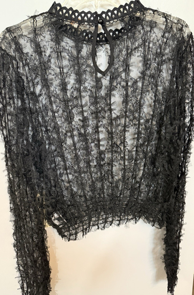 Peach Women’s Black Sheer Lace Cropped Top, Long Sleeve Scoop Neck, L