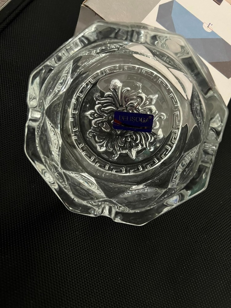 Vintage Clear Crystal Glass Ashtray Octagonal Heavy Decorative Table Ash Tray
