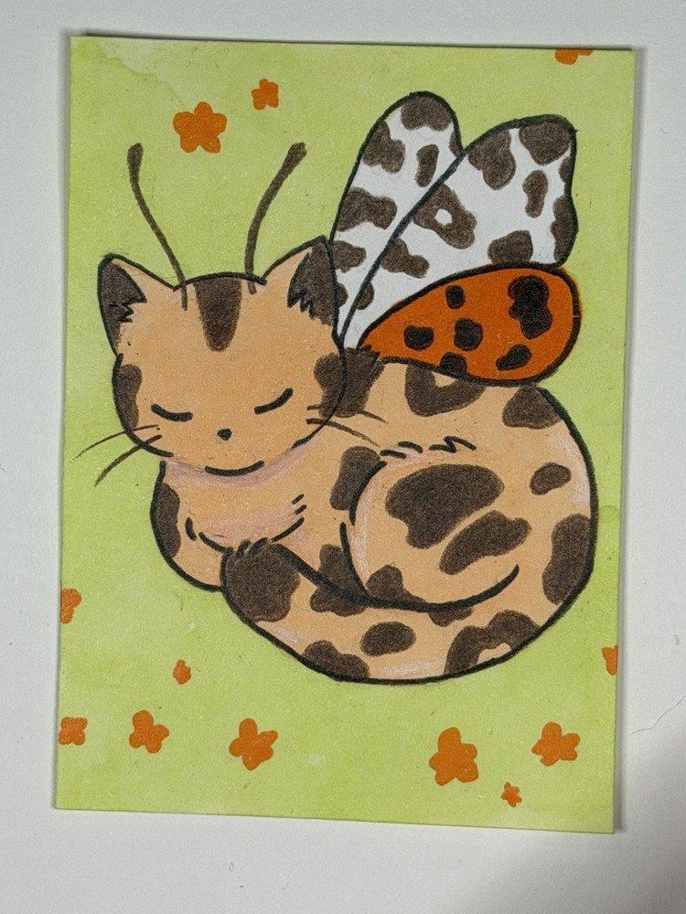 ACEO Original Cat Tiger Moth Bug Insect Whimsical Cozy Fantasy Art Drawing
