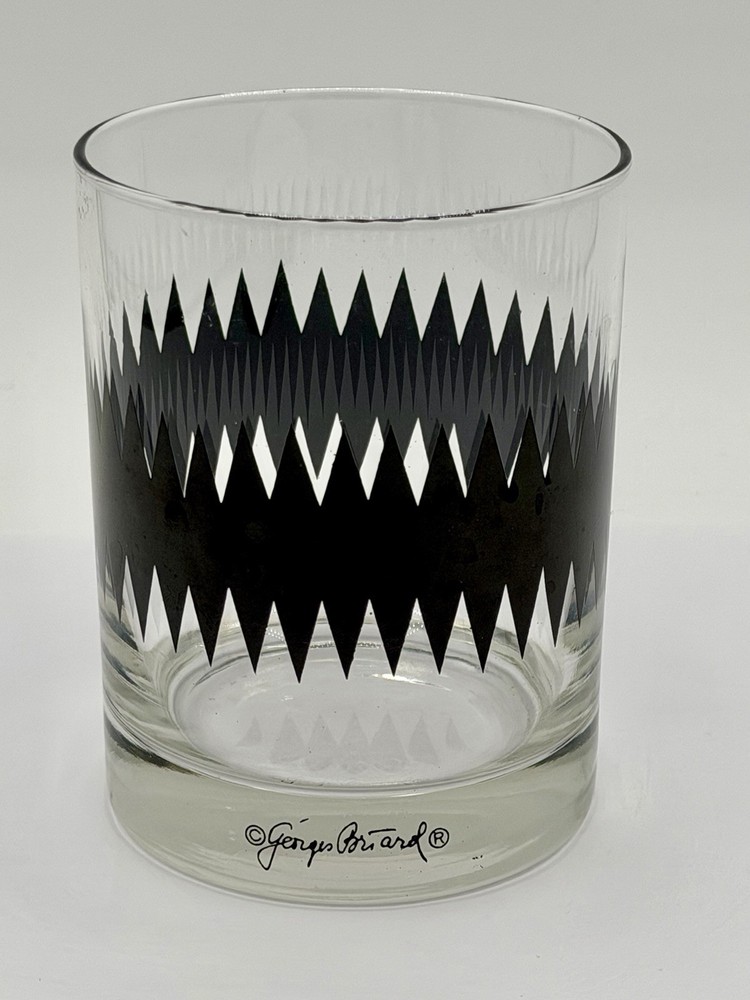 Vintage Georges Briard Double Old Fashioned Whiskey Glass Black Zig Zag Gorgeous