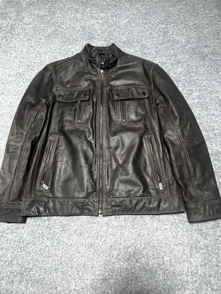 Michael Kors Genuine Leather Mens Brown Moto Cafe Bomber Jacket Size Large Biker