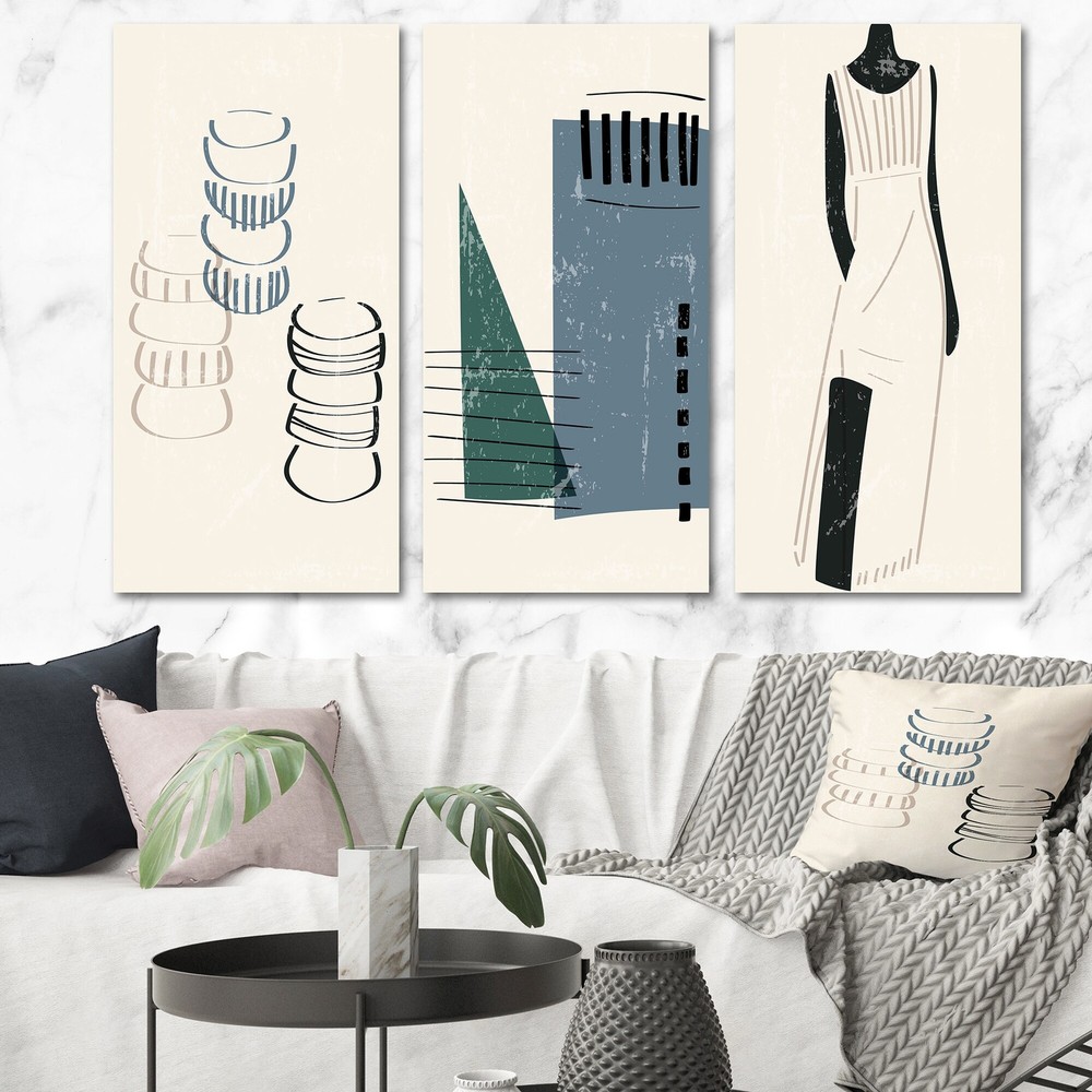 Designart Vintage Geometric Blue Shapes Abstract Wall Art Canvas