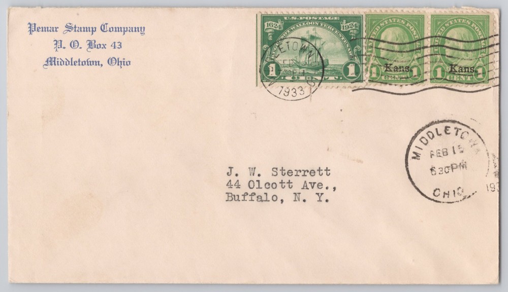 Middletown, Ohio, Penna Stamp Company envelope with 1c stamps to Buffalo 1933