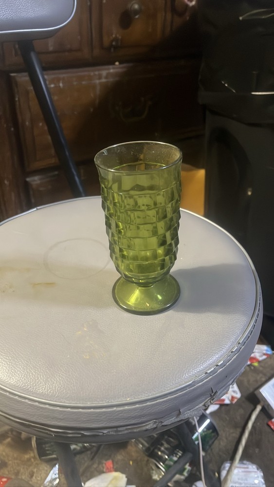 MCM Indiana Glass Whitehall Cubist Avocado Green Footed Tumbler 6
