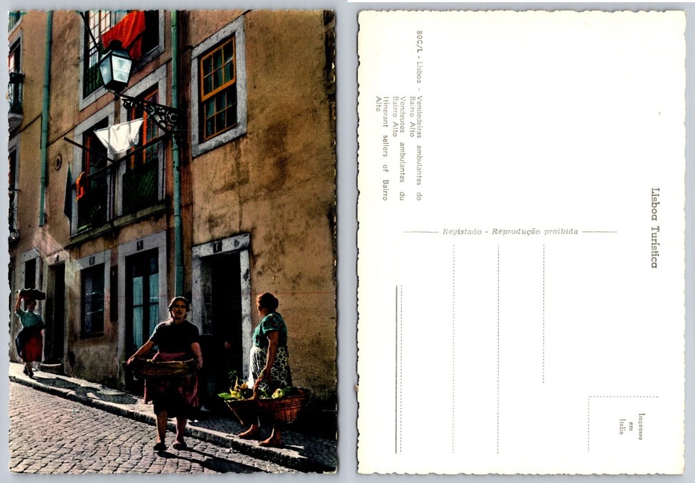 Vintage Lisbon Bairro Alto Street Scene Postcard - Itinerant Sellers Portugal