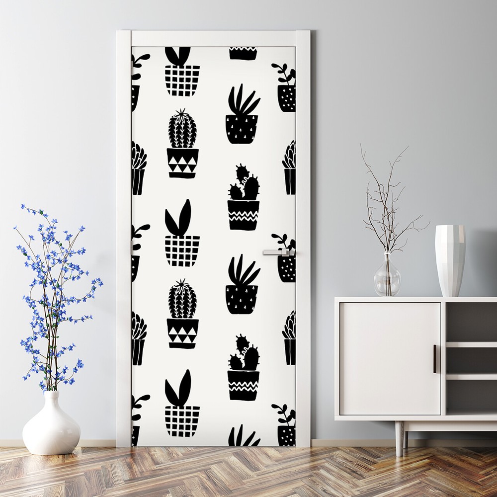 Geometric black and white cactus self-adhesive door decal