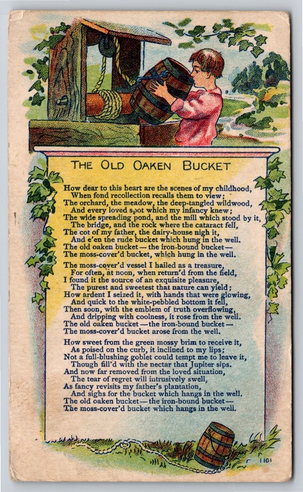 Greetings~Boy @ Well Old Oaken Bucket Poem~Vintage Postcard