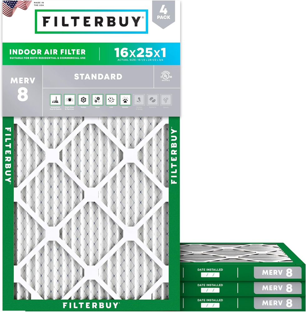 16X25X1 MERV 8 Pleated HVAC Furnace Air Filter Dust Defense 4-Pack