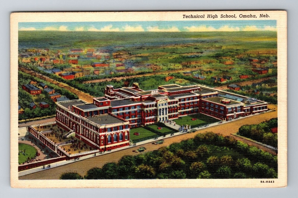 Omaha NE-Nebraska, Technical High School, Aerial, Antique, Vintage Postcard