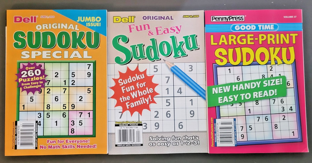 Lot of 3 Sudoku Books - by Dell & Penny Press - Original -Fun & Easy & Good Time