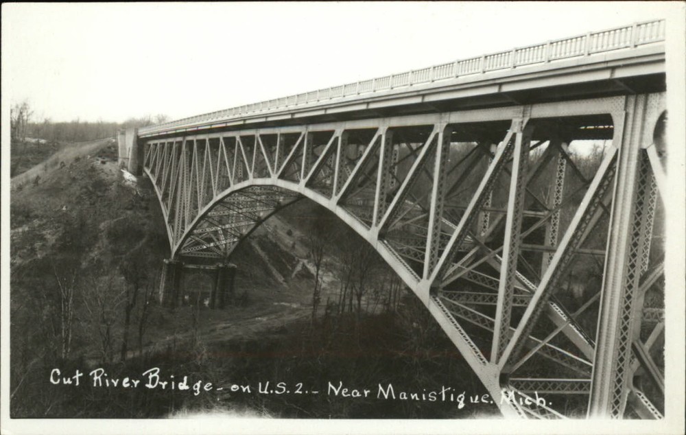 RPPC Manistique Michigan Cut River Bridge on US 2 unused real photo postcard