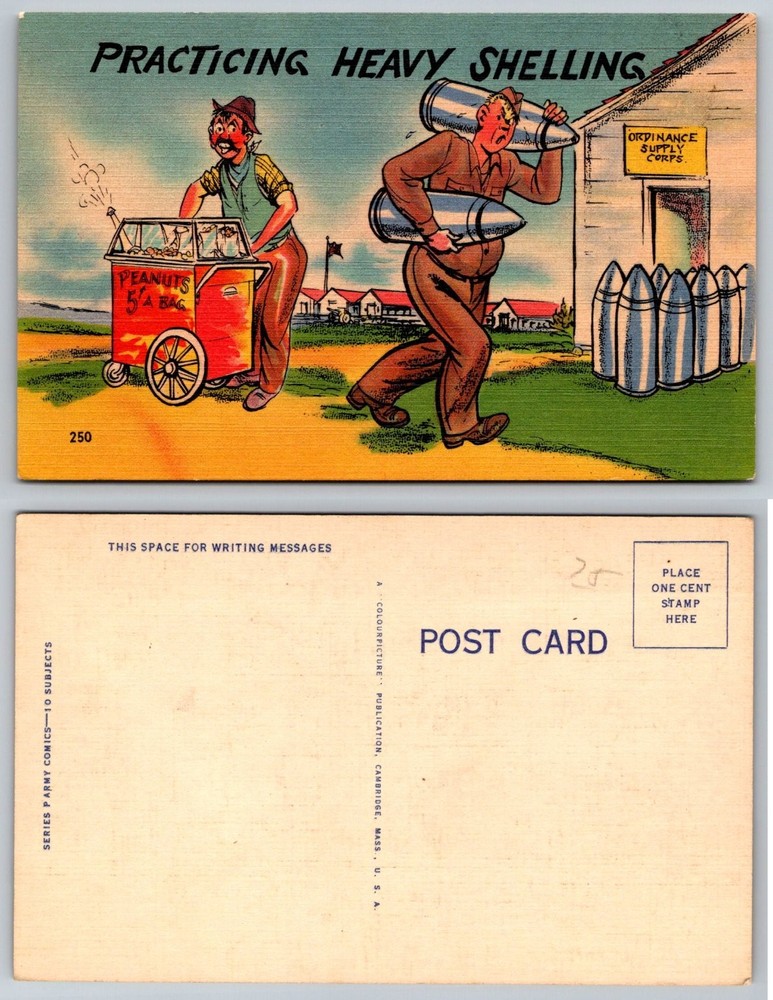 WWII Era Linen Postcard: Practicing Heavy Shelling Military Humor Army Comics