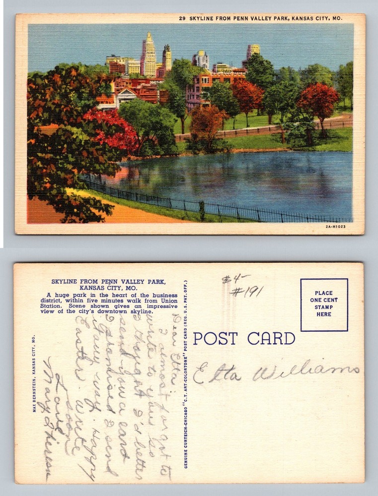 Kansas City, MO-Missouri, Penn Valley Park Skyline Lake View Vintage Postcard