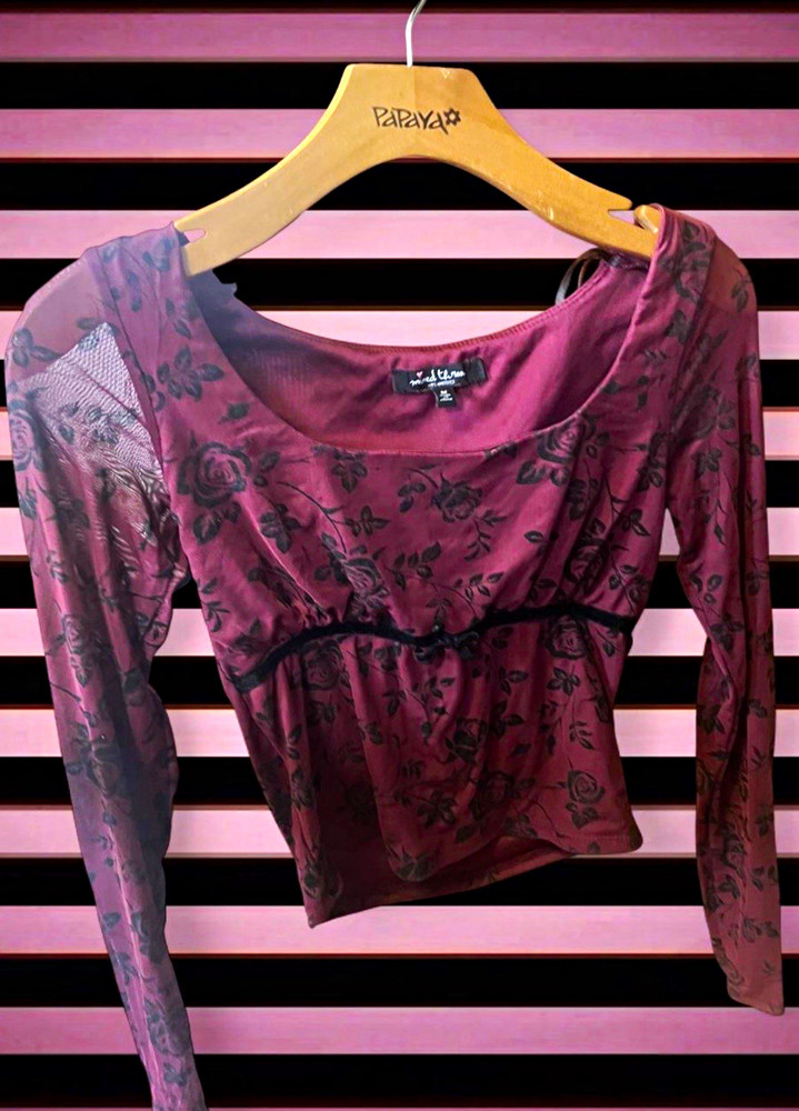 Mixed Threads Women’s M Purple/Black Floral Sheer Mesh Long Sleeve Top