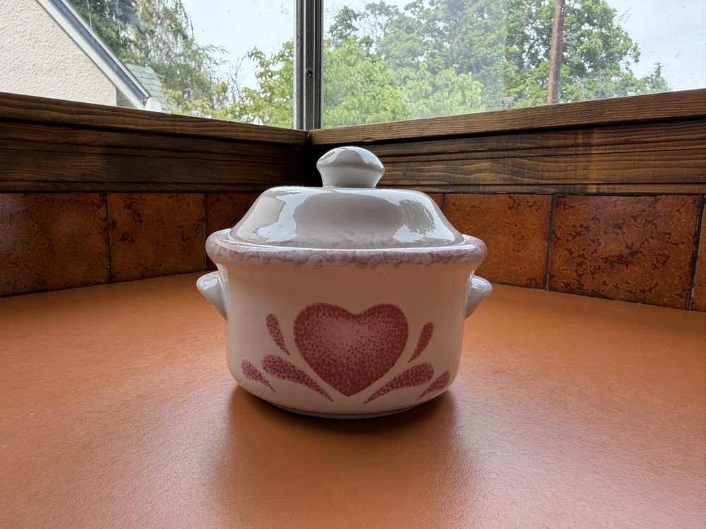 Vintage Pink Heart Covered Sugar Bowl Ceramic Cottagecore Farmhouse Decor