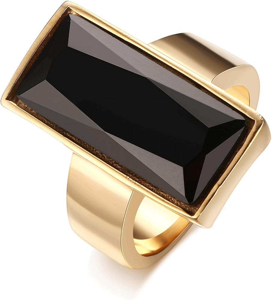 Vintage Fashion Stainless Steel Gold Plated Rectangular Black Glass Crystal Cock