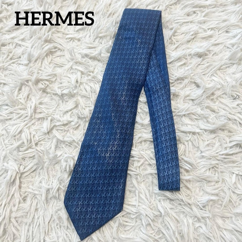 HERMES Necktie Tie All over Logo pattern 100% Silk Used Made in France Authentic