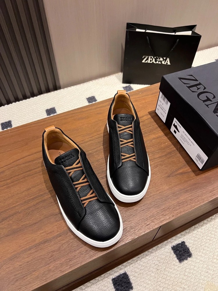 Zegna Black Deer Skin Grained Leather Triple Stitch Sneakers Shoes Mens Size 9