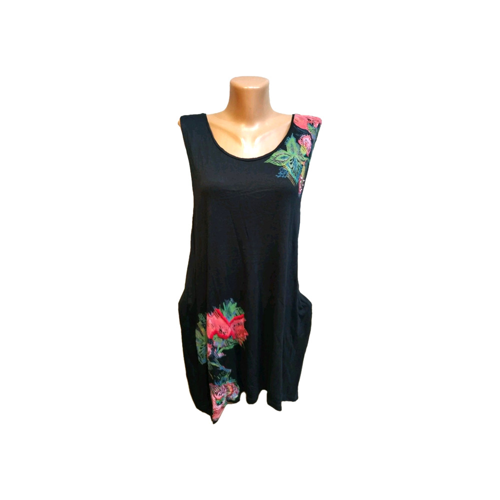 Desigual Black Tunic Dress XL Asymmetric Hem Floral Embroidery Sequined Boho Top
