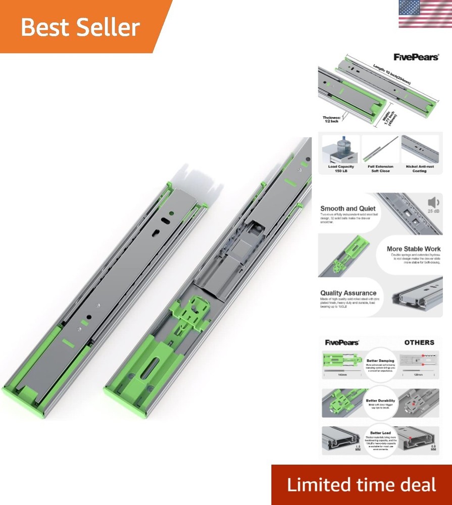 Heavy Duty 10 Inch Soft Close Drawer Slides 150 lb Capacity for Cabinets