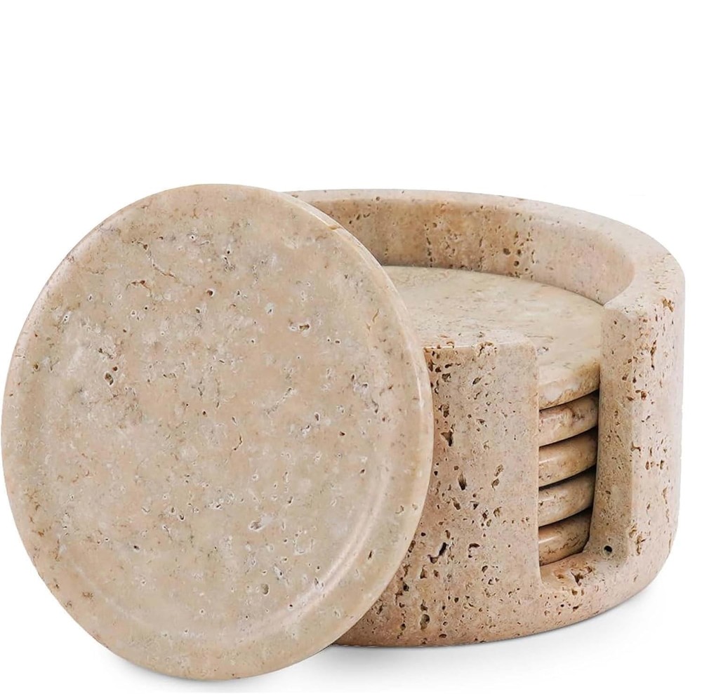 Marble Coasters Set of 6 Round 3.5 Inch Travertine Coaster for Drinks with Ho...
