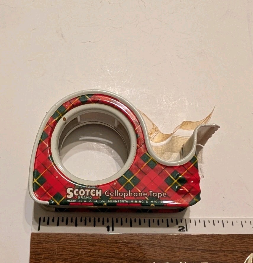 Vintage Scotch Gift Tape Metal Dispensers Christmas Plaid, Empty Refillable #134