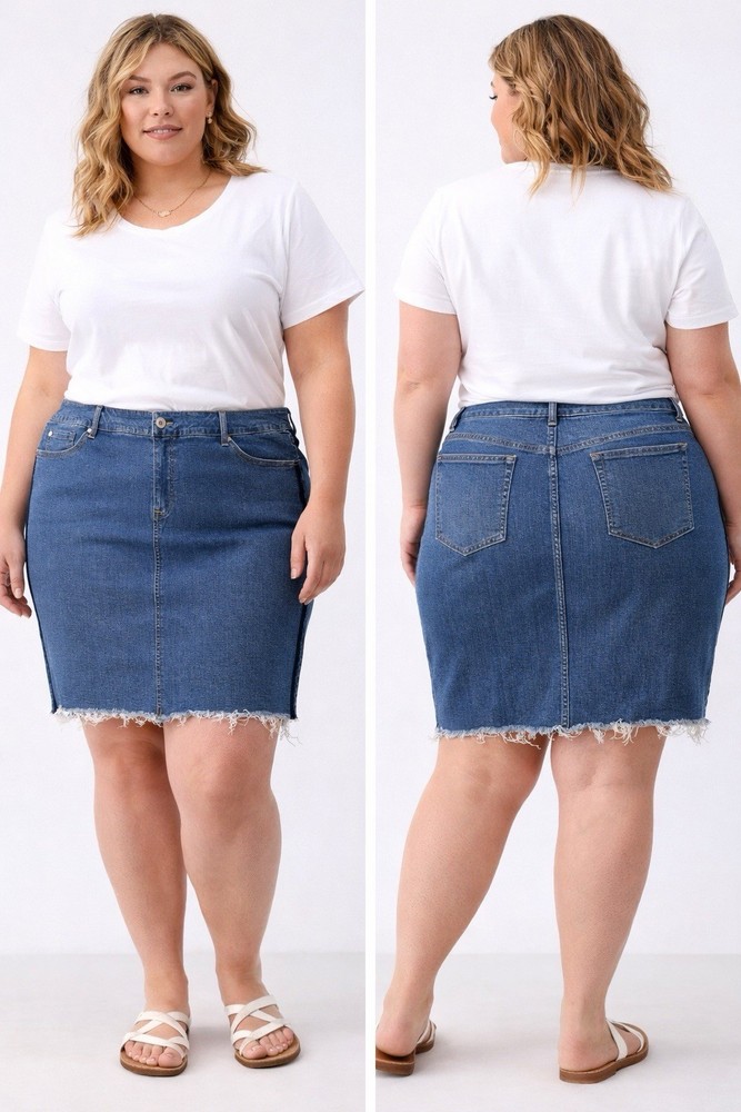 Torrid Denim Pencil Skirt Frayed Hem Blue Knee Length Size 24 Plus
