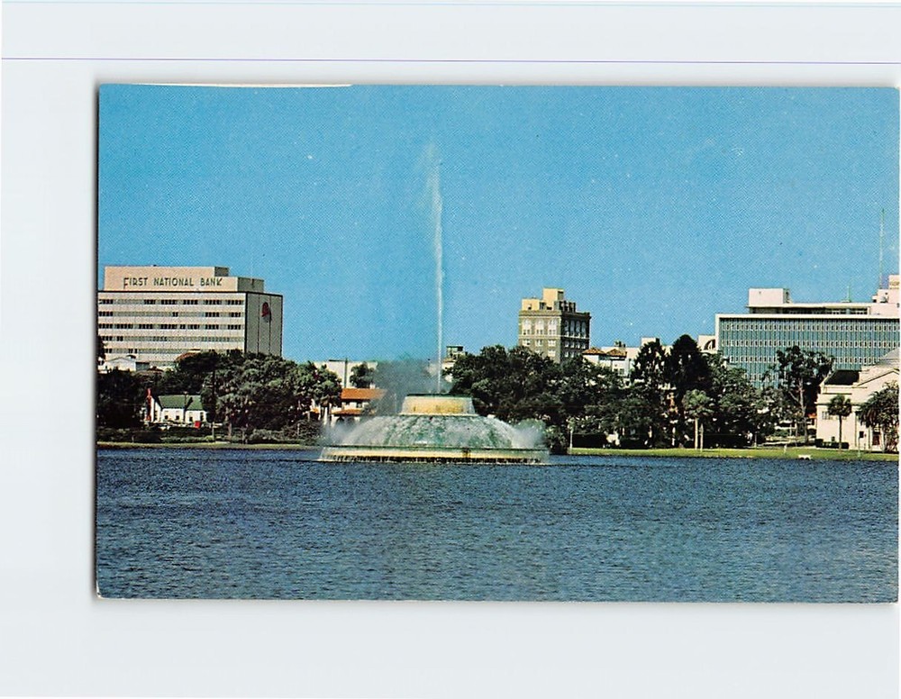 Postcard Centennial Fountain Lake Eola Skyline Orlando Florida USA