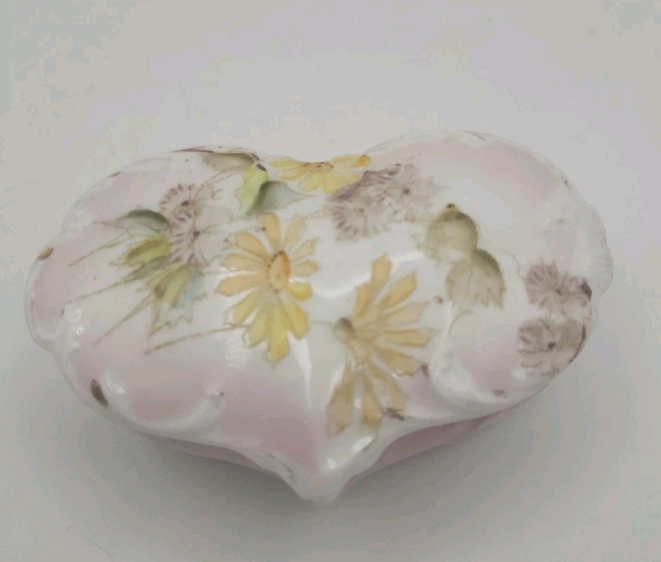 Vintage Handpainted Floral Designed Heart Shaped Trinket Box