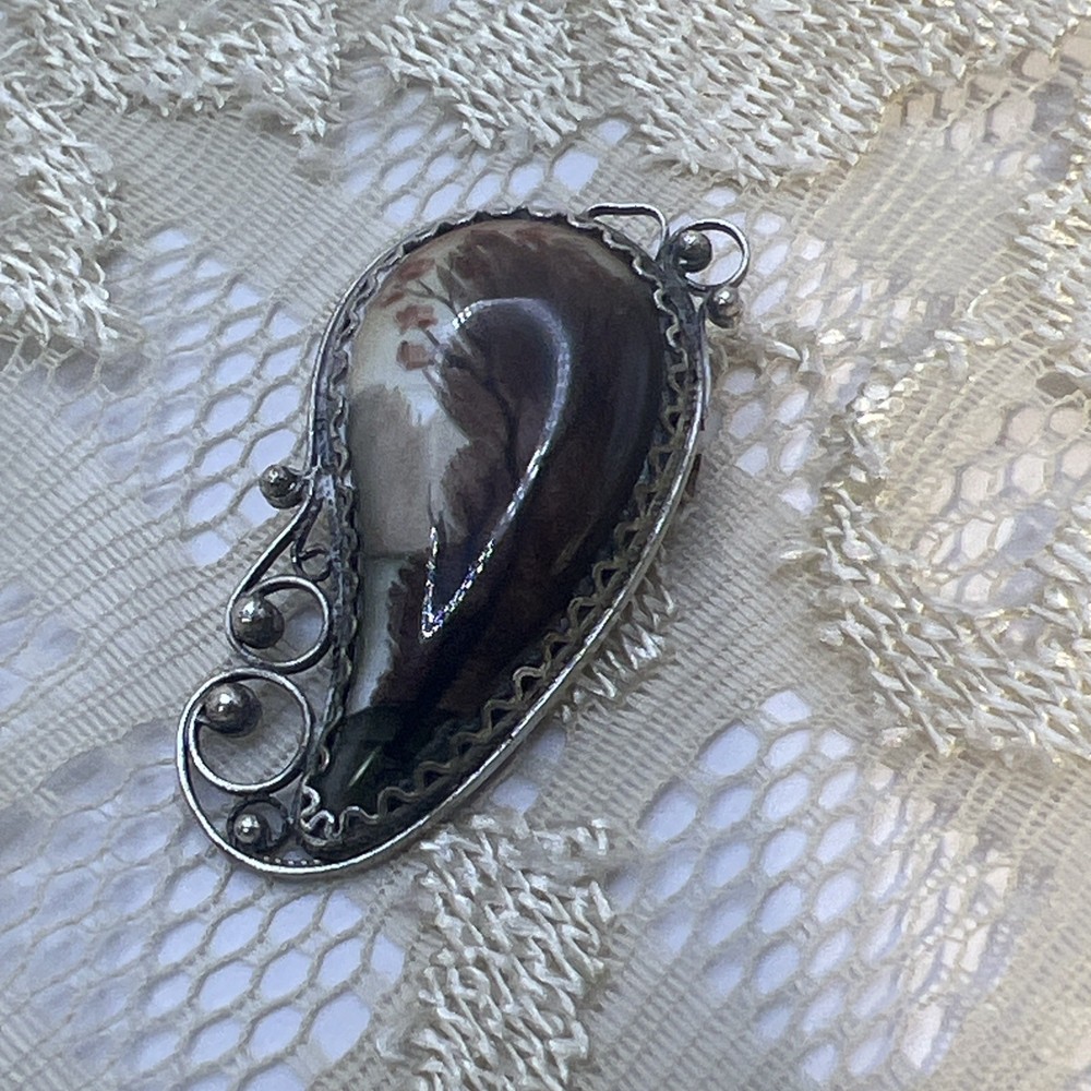 Wire Banded Scenic Agate  Silver Art Deco Antique Pin Brooch Unmarked C Clamp