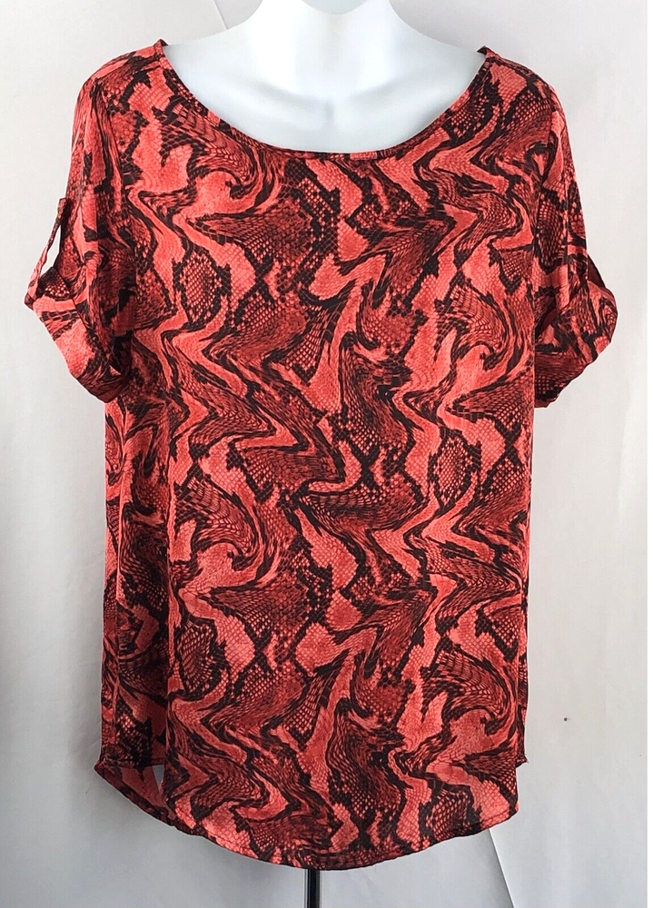 Michael Kors Satin Top Blouse M Orange Snake Print Roll Tab Short Sleeve Career