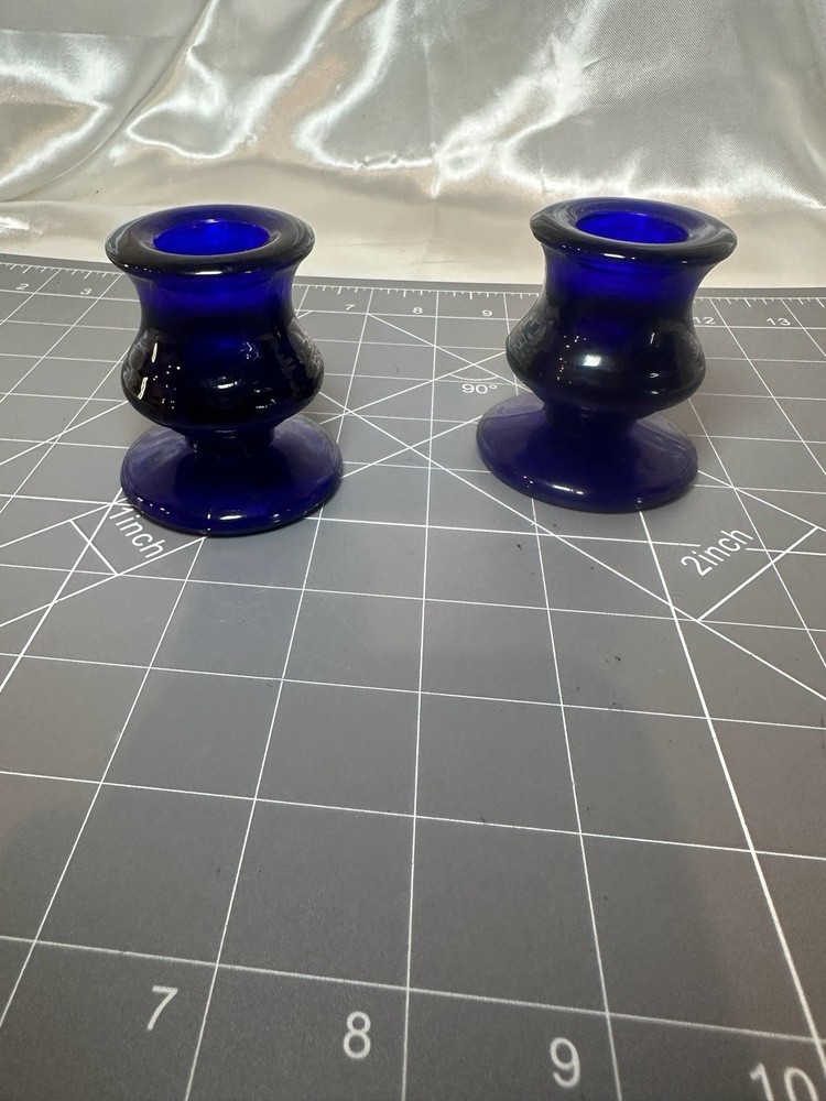 Vintage Cobalt Blue Footed Glass Taper Candlestick Holders