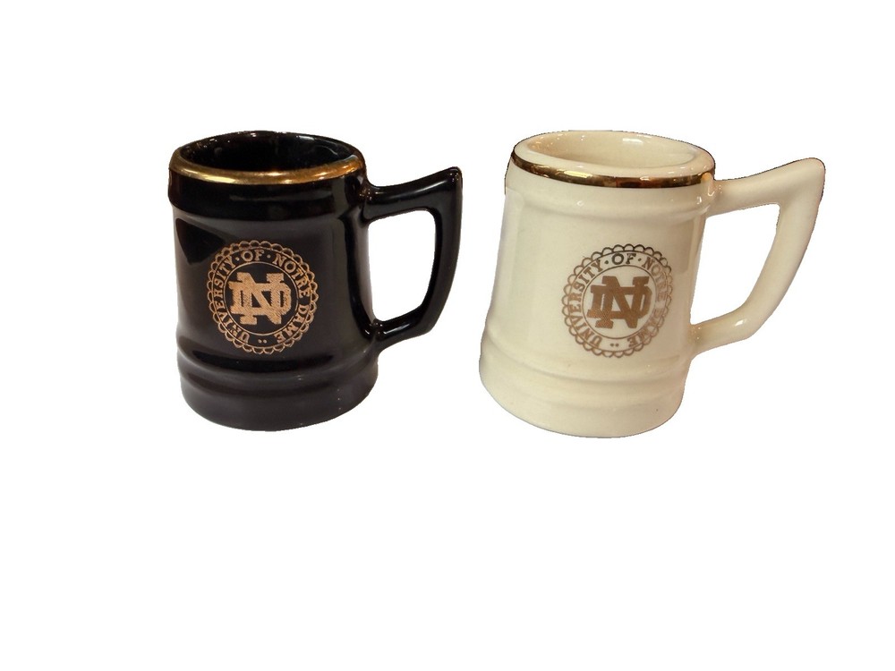 Vintage Notre Dame Mini Stein Shot Glasses Black & Ivory Gold Trim Lot 2