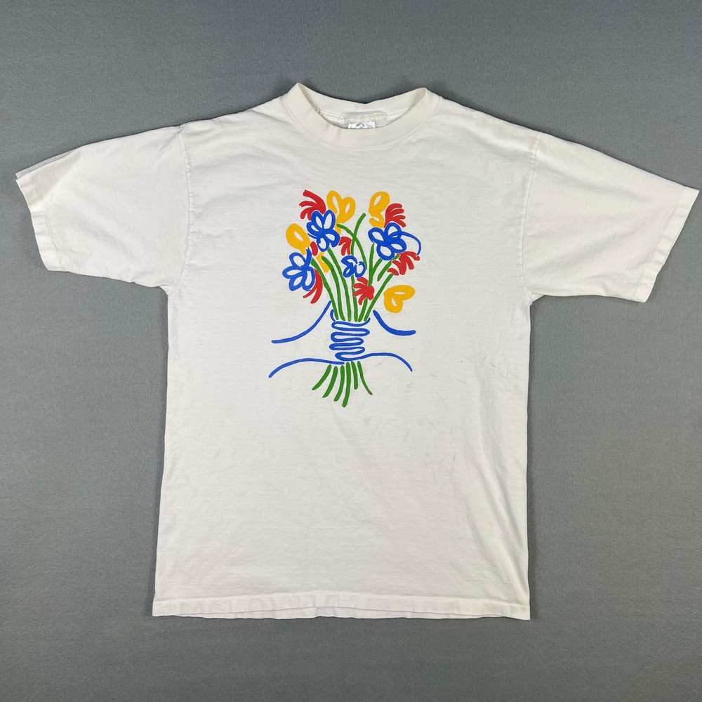 VTG Bouquet Flowers T Shirt FIts Medium Abstract Art Graphic 1990s Modern Art-image