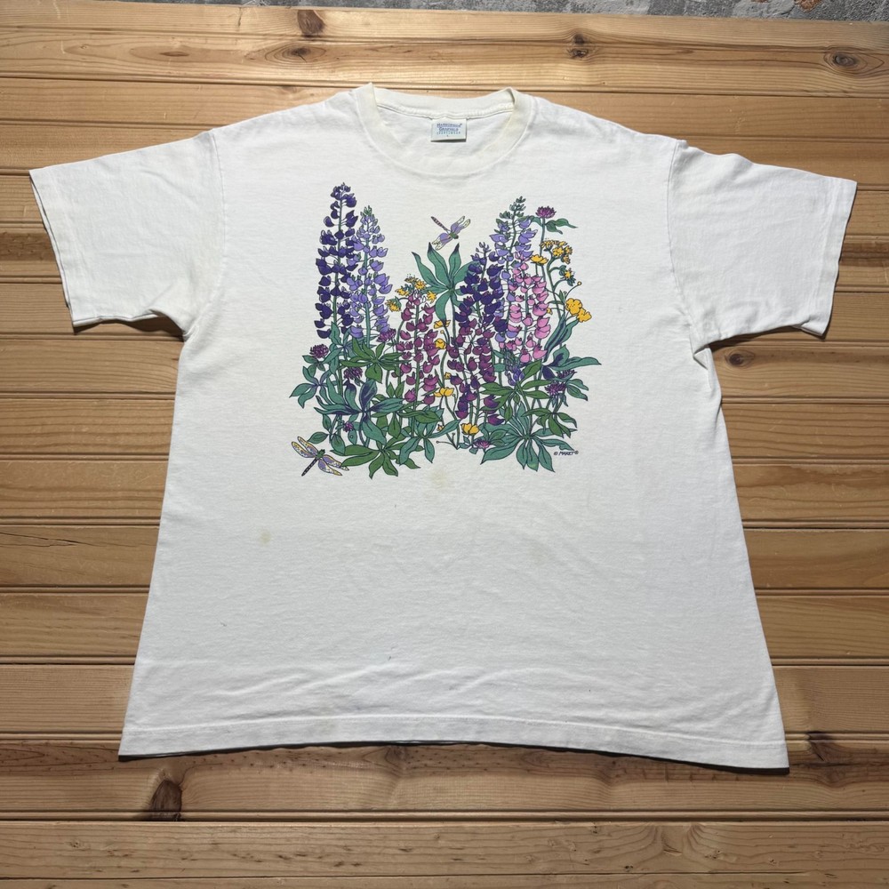 Vintage 90s Dragonfly Wildflowers Floral Single Stitch Graphic T-Shirt - Large