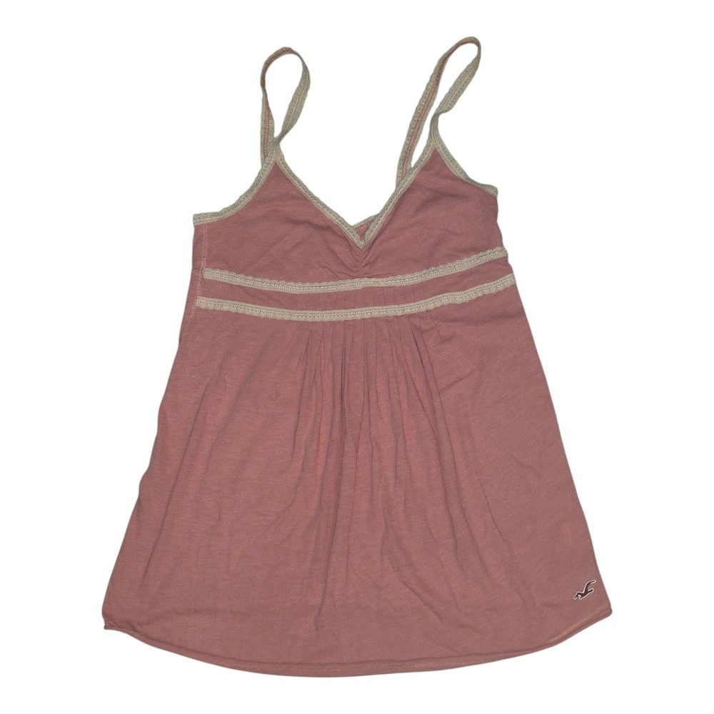 Vintage Hollister Pink Babydoll Tank Top with Flowy Fit and Tan Lace Trim
