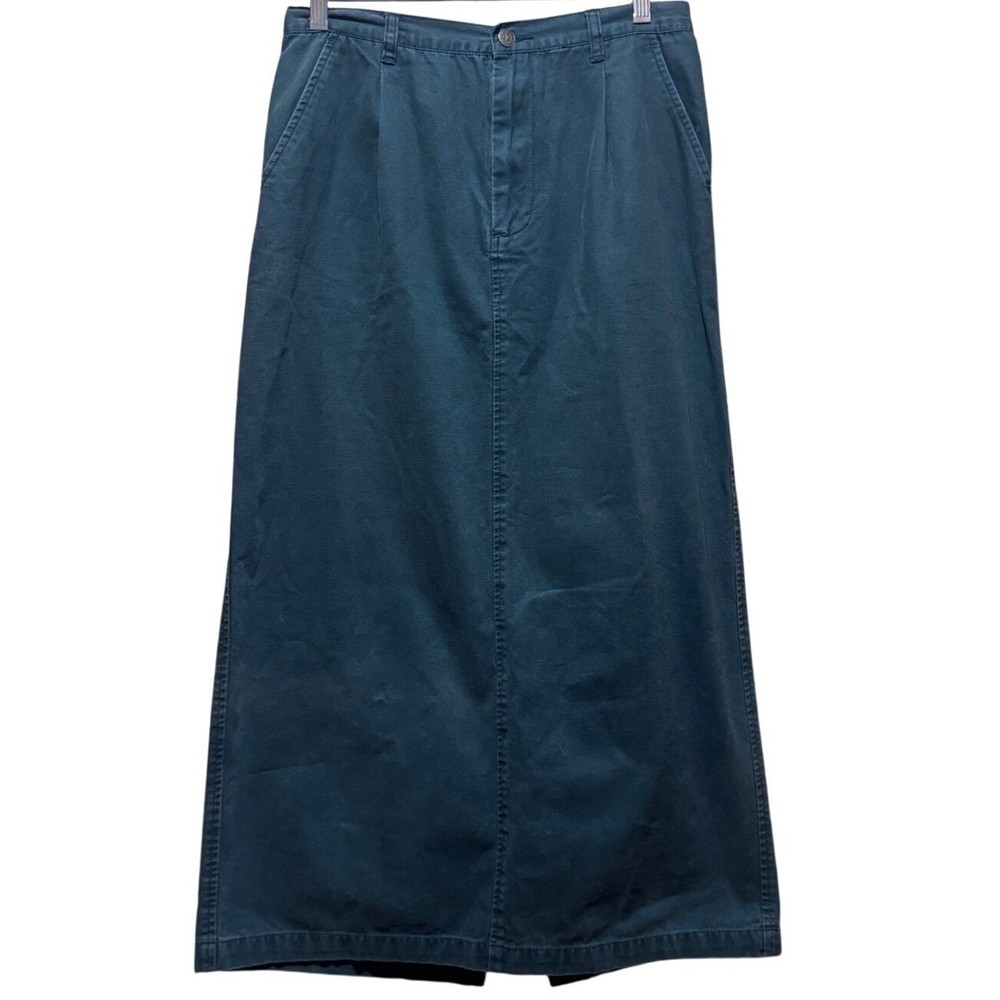 80s-90s Cherokee Women's Green Cotton Maxi Skirt Size 12 Pleated Front Back Slit