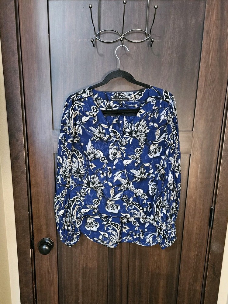 EUC Women's WHBM Blue Floral Chiffon Long Sleeve Blouse Top Size 4 Small