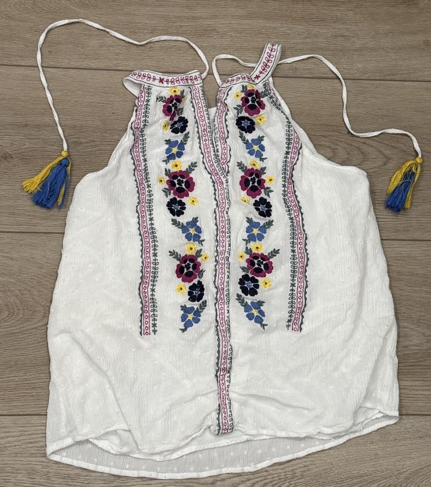 Alya White and Blue Embellished Tie Front Tank Top Boho Hippie Women’s Large