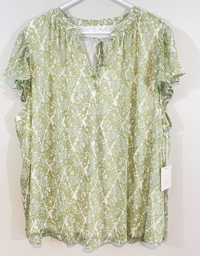 NEW LAUREN CONRAD blouse top Womens sz 3X flutter Short Sleeve floral green LC