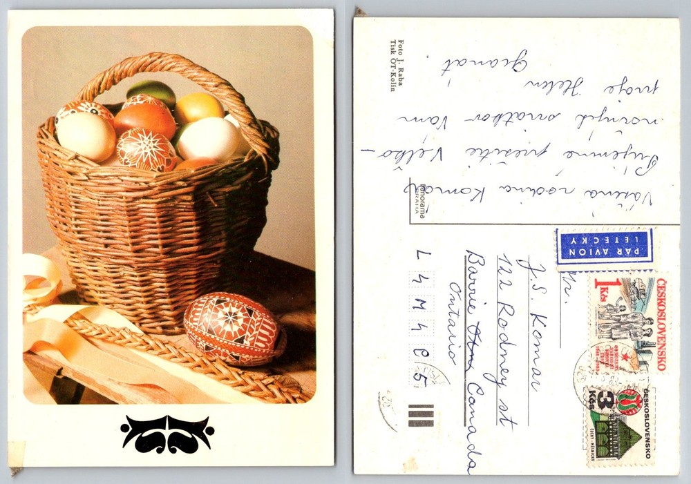 Vintage 1983 Czechoslovakia Easter Eggs Pysanky Postcard Sent to Canada